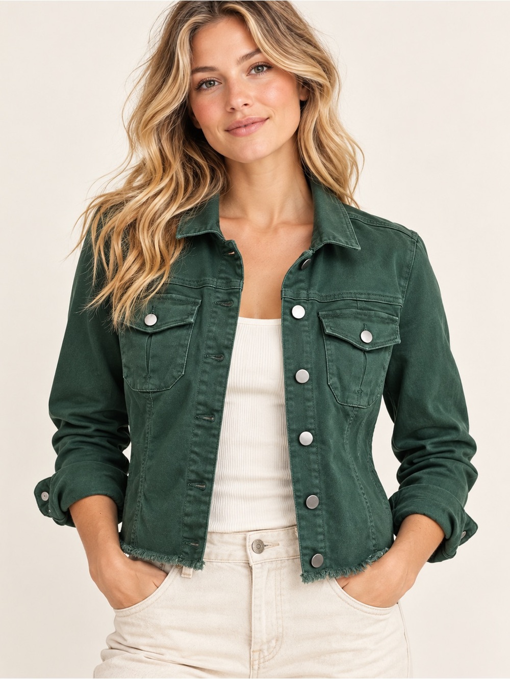 Kut from the Kloth Forest Green Button-Front Jean Jacket